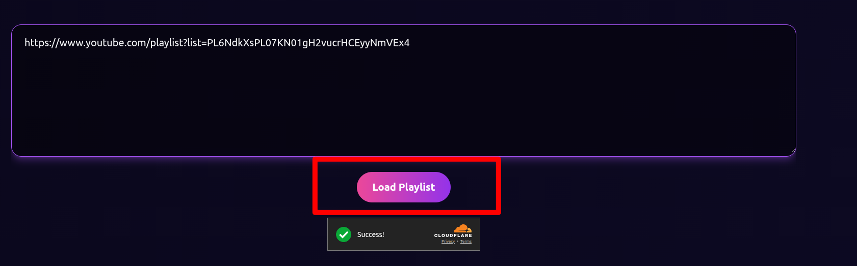 A mouse cursor hovering over the Load Playlist button on the web page, ready to fetch and process the YouTube playlist data.