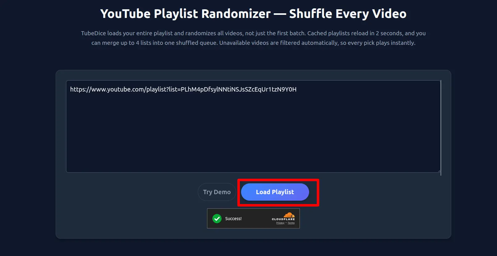 A mouse cursor hovering over the Load Playlist button on the web page, ready to fetch and process the YouTube playlist data.