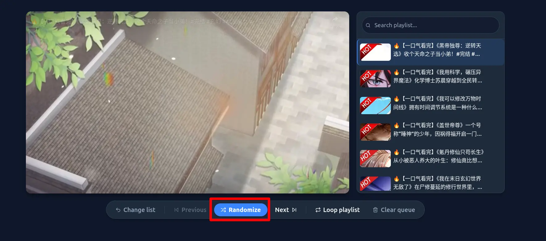 The screen displaying a YouTube video playing with the full playlist visible below, showing the shuffle button users can click to randomize the playlist order.